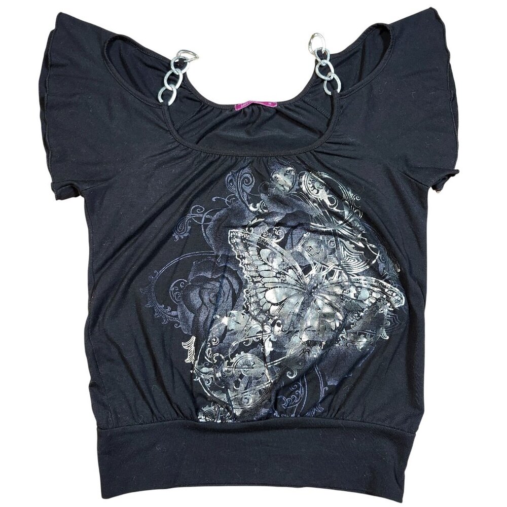 Julies Closet Womens Black Graphic Butterfly Chain Strap Blouse Top Size M